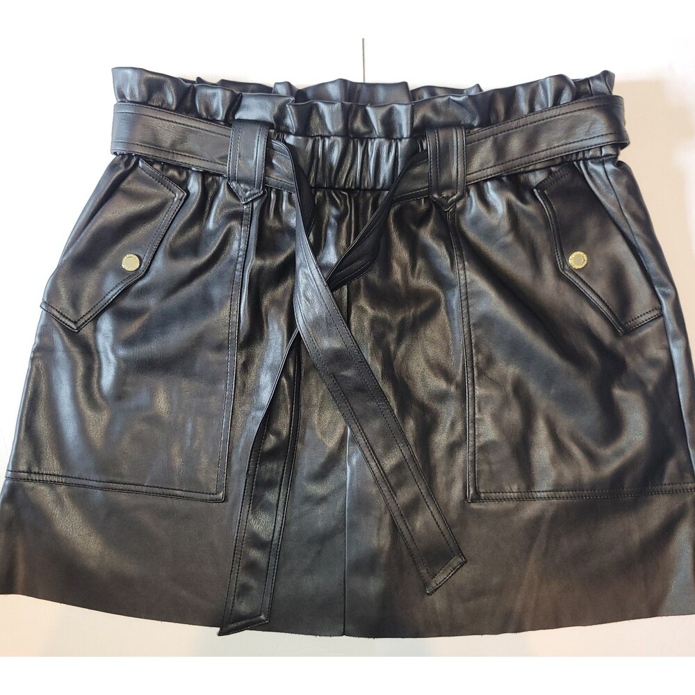 Marc New York Andrew Marc Faux Leather Paperbag Mini Skirt Black L Belted